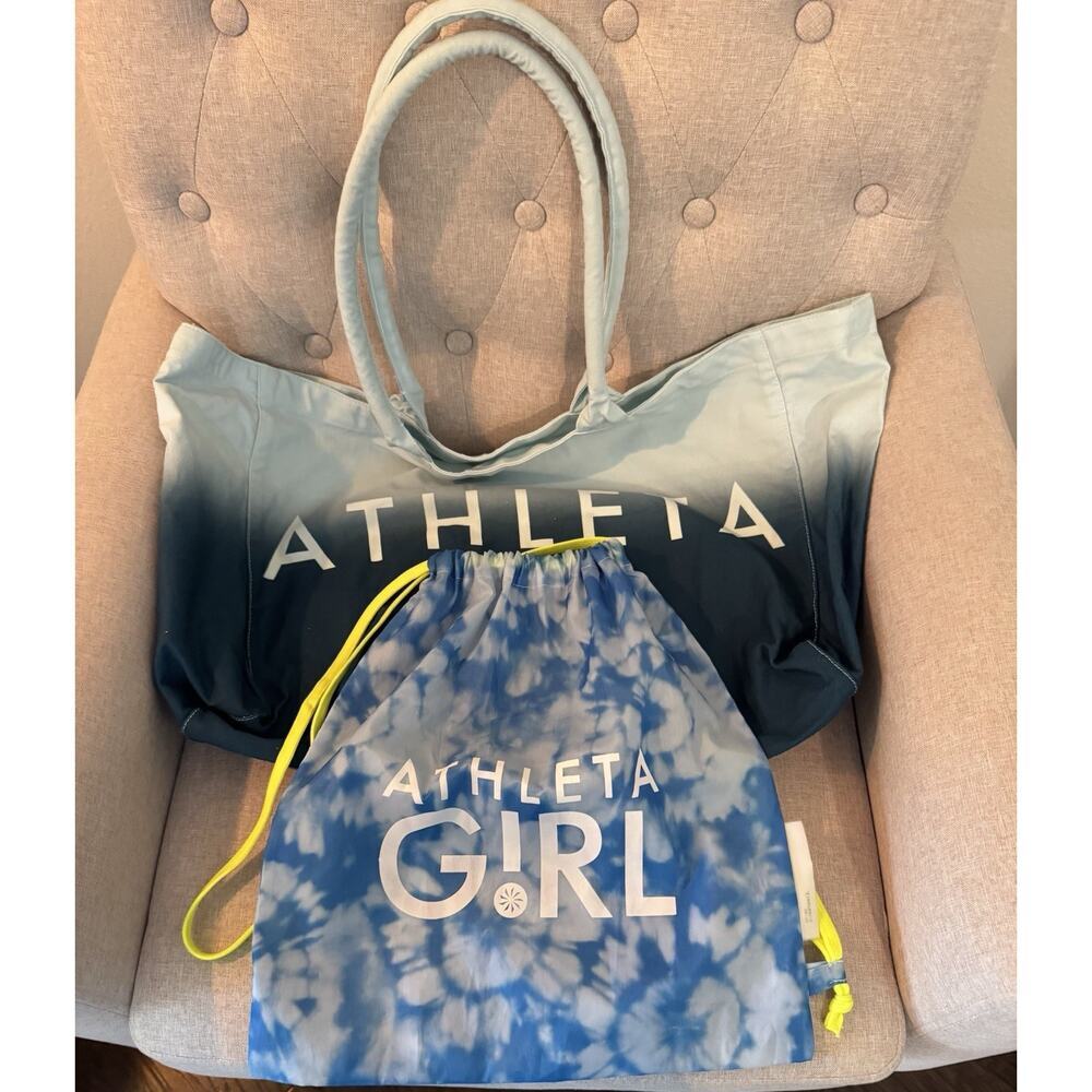 Athleta Gym Bag Blue Ombre White Canvas/Girl Drawstring Bag